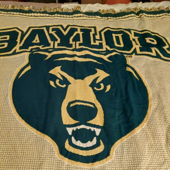 Baylor University Bears Throw Blanket Woven Cotton Green Gold Fringe Edges Colle - Picture 1 of 8